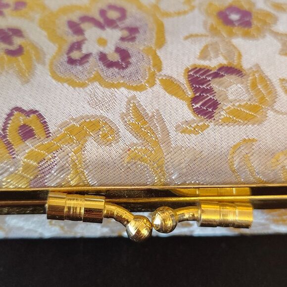 VTG Asian Silk Wrapped Floral Gold Purple Travel Jewelry Box with Mirror - Picture 2 of 15